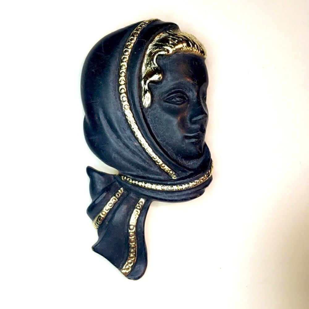 Vintage BlackĀ on Gold Women in aāHeadscarfāBrooch